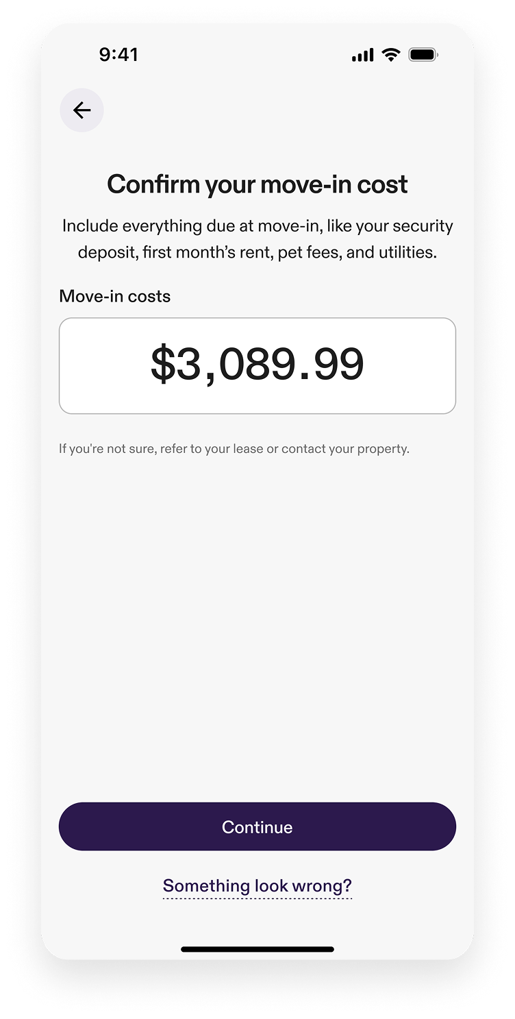 App screen showing step-by-step flow to confirm move-in costs and pay $3,039.99 with a button to continue.