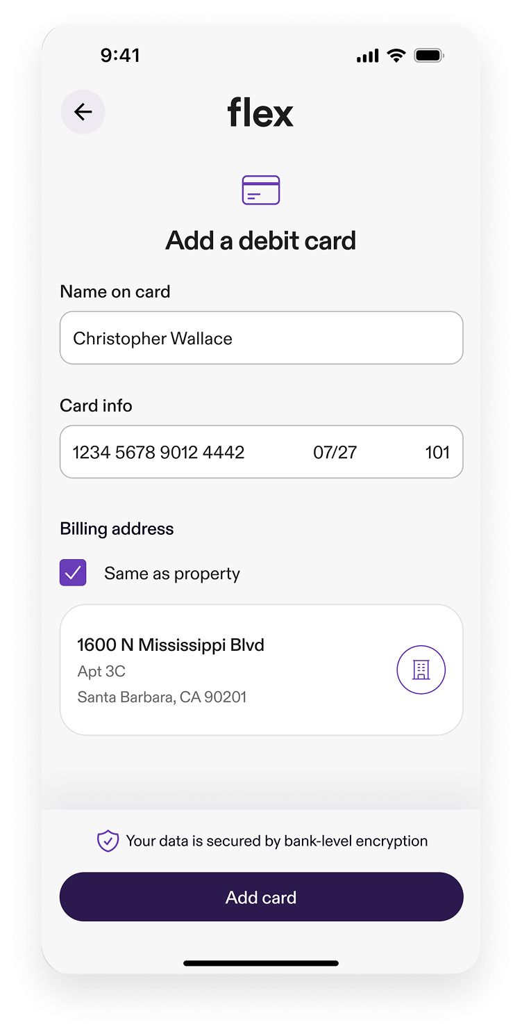 App screen showing add a debit card step with a button to add card