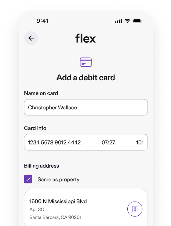 App screen showing add a debit card step with a button to add card