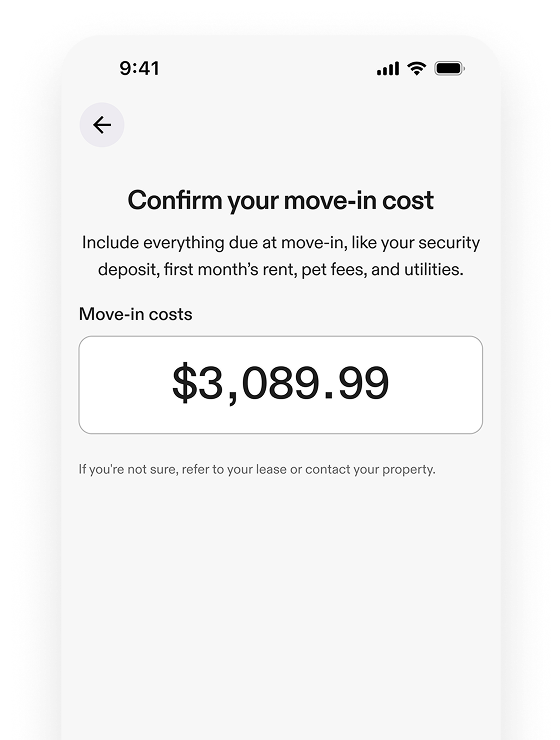 App screen showing step-by-step flow to confirm move-in costs and pay $3,039.99 with a button to continue.
