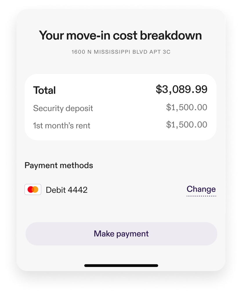 App screen showing move-in cost breakdown including rent, deposit, and fees